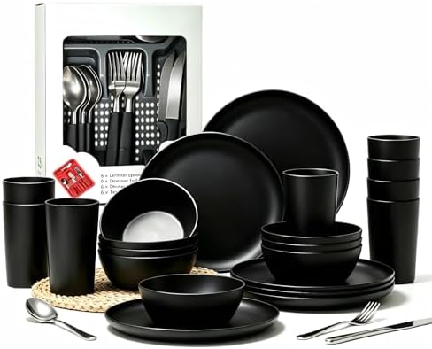 24pcs Matte Black Dinnerware Set, Plates Bowls & Cups, Unbreakable Dishes for 8, Reusable BPA‑Free Tableware, Dishwasher Safe for Kitchen Party Picnic Camping, Bonus Cutlery Set Included by Yarrggu