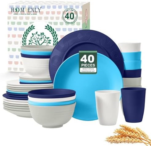 Homienly 40 PCS Wheat Straw Plates and Bowls Sets, Cups Sets, Service for 8, Unbreakable Microwave and Dishwasher Safe Dinnerware Sets,Reusbale Plastic Dishes Set - Island, Matte by HOMIENLY