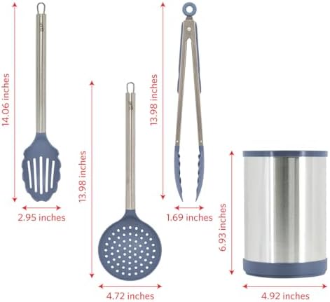 Glad Kitchen Utensils Set, 8pcs - Nonstick Cooking Tools with Stainless Steel Handles & Rotating Utensil Holder - Turners, Ladle, Spoon, Tongs, Spaghetti Server, and Skimmer - Dishwasher Safe, Blue - Image 5
