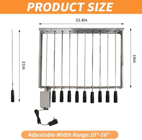 Electric Skewer Turner Stainless Steel Rotisserie Barbecue Grill with 10pcs Skewers and Adjustable Size (W) 58 x (D) 26-40 cm with Power Plug and USB BBQ Grill Rack - Image 3