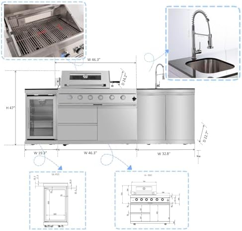 98.4 Inch Outdoor Kitchen Island, 72000 BTU Modular Propane Gas Grill Combination With Refrigerator and Sink, Outdoor Stainless Steel Barbecue Bar, Propane Grill for Patios, Gardens, Parties - Image 6