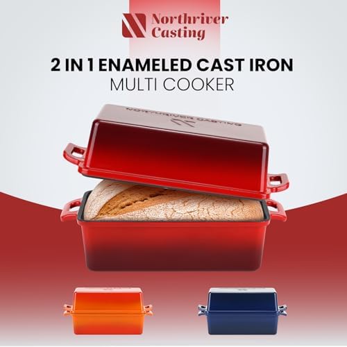 Northriver Casting 9x5 Inch Enameled Cast Iron Bread Loaf Pan with Lid, Perfect Sourdough Baking Pans | Even Heat Distribution for Homemade Bread, Cake, Meatloaf，2 Piece set，Red - Image 4