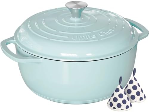 Umite Chef 6QT Enameled Cast Iron Dutch Oven with Lid, Versatile Heavy-Duty Cookware Pot for Baking Bread, Braising, Soups & Stews, Oven & Stovetop Safe with Heat Resistant Gloves（Blue） by UmiteChef