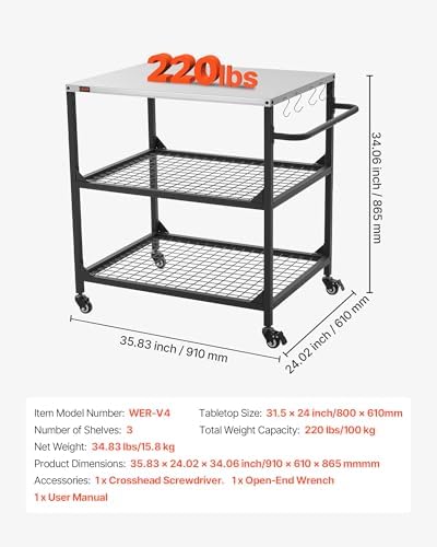 VEVOR Outdoor Grill Cart, 31.5 x 24.0 inch Stainless Steel Tabletop Size Grilling Table, Outdoor Cooking Table with 4 Wheels & Side Handle, Two Mesh Shelves, BBQ Prep Tables for Patio, Garden - Image 3