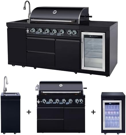 82 Inch Outdoor Kitchen Island, 6 Burner Propane Gas BBQ Grill 83500 BTU, 304 Stainless Steel Black Grill Station with Sink, Refrigerator, Rotisserie, For Backyard BBQ, Black - Image 5