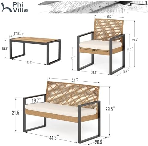 PHI VILLA 4 Piece Yellow Wicker Patio Furniture Set with Beige Cushion - Image 2