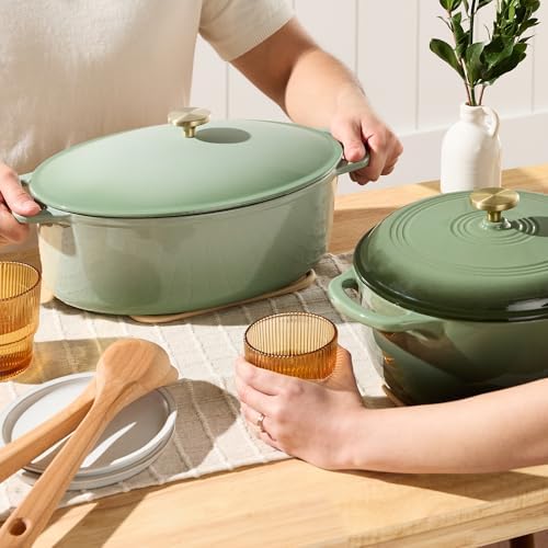 Best Choice Products Oval 7.5 Quart Enamel Cast-Iron Dutch Oven, Heavy-Duty Pre-Seasoned for Baking, Cooking w/Side Handles – Sage Green - Image 5