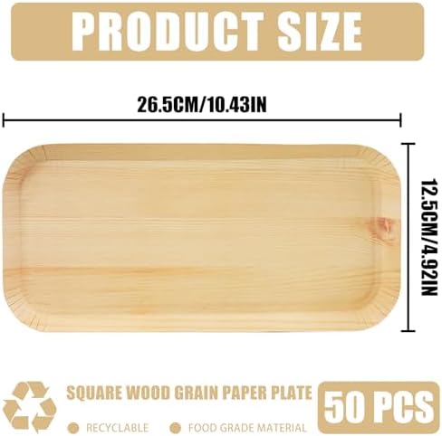 50 Pcs Wood Grain Paper Plates, 10 x 5 Inch Rectangle Wood Paper Plates, Rustic Disposable Plates for Woodland Baby Shower, Camp Fire, Camping, Lumberjack Birthday Party Supplies (L) - Image 2