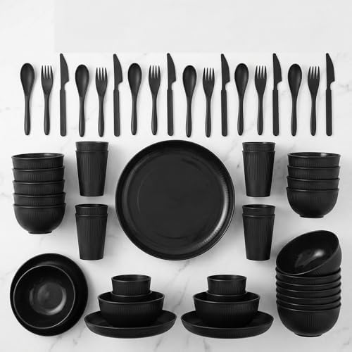 36 Pcs Wheat Straw Dinnerware Set,Dinnerware Sets for 6,Large Round Plates, Bowls and Cups, Unbreakable dish set, Dishwasher and Microwave Safe, Outdoor Camping Dishes (Black) - Image 5