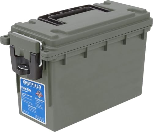 Sheffield 12626 Ammo Storage Box, Stackable .30 Cal Field Boxes, Water and Dust Resistant, Lockable Storage Box with Handle, Secures Hunting Gear, Supplies, and Bullets, Made in USA, Green(Pack of 6) by Sheffield