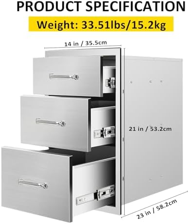 Outdoor Kitchen Drawers 14" W x 21" H x 23" D Flush Mount Triple BBQ Drawers with Chrome Handle Stainless Steel Drawer for Outdoor Kitchen Island, Patio Grill Station - Image 2