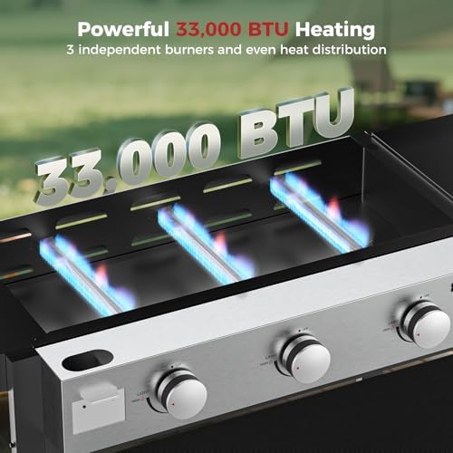 CAMPLUX Propane Griddle Flat Top, 3-Burner Gas Griddle with 3mm Thick Non-Deformable Plate & Ceramic Non-Stick Coating, 33,000 BTU Outdoor Cooking Station with Wheels and Side Shelves for Camping - Image 4