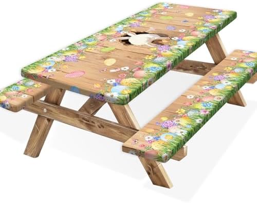 Easter Picnic Table Cover with Bench Covers, Cute Bunny Flower Brown Wooden Board Camping Tablecloth, Waterproof Windproof, Fitted Tablecloth Cover with Elastic Edge, for Outdoor, 3 PCS, 30x60 Inch by Xguatan