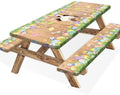 Easter Picnic Table Cover with Bench Covers, Cute Bunny Flower Brown Wooden Board Camping Tablecloth, Waterproof Windproof, Fitted Tablecloth Cover with Elastic Edge, for Outdoor, 3 PCS, 30x60 Inch by Xguatan