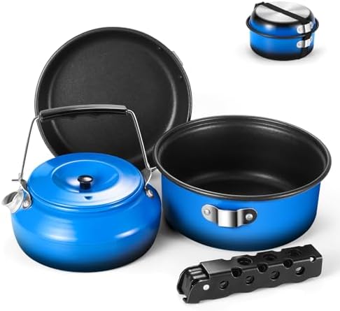 Odoland 5pcs Camping Cookware Non-Stick Camping Pot and Pan Set with Kettle and Removable Handle for Hiking Backpacking and Picnic by Odoland