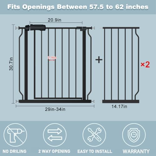 Extra Wide Baby Gate 53-62 Inch Black Walk THR Dog Gates Doorways House No Drill Pressure Mounted Auto Close Long Child Safety Gate for Kids and Pet - Image 2