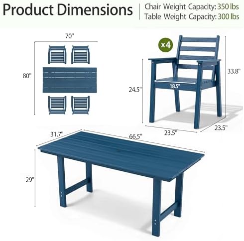 5-Piece Outdoor Dining Set, All-Weather HDPE Patio Furniture, 66.5" Slatted Table with 1.6" Umbrella Hole & 4 Ergonomic Armchairs, Heavy Duty 350lbs Capacity, UV Resistant, Blue - Image 2