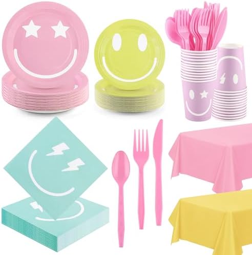 Kochorie 254 Pcs Preppy Smile Face Party Supplies Pastel Tableware Set by Kochorie