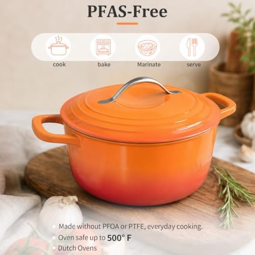 Winado 7.5 Qt Enameled Cast Iron Dutch Oven Pot with Lid, Orange Ombre - Image 5