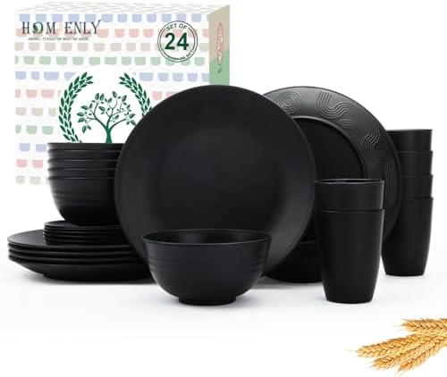 Homienly 24-Piece Wheat Straw Dinnerware Sets,Service for 6 - Cups, Plates and Bowls Sets,Reusable Dishwasher and Microwave Safe Melamine Dinnerware Set for Home,Camping,RVs - Black by HOMIENLY