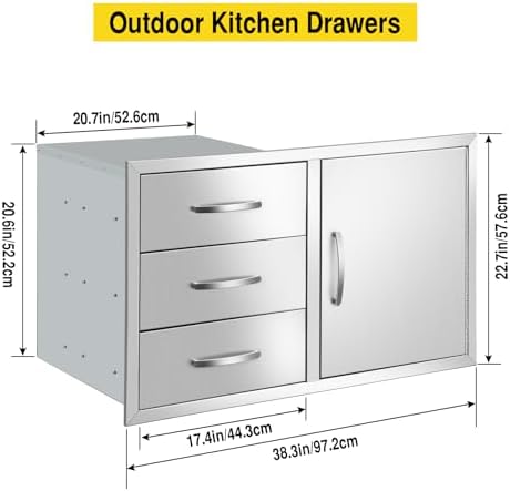 Outdoor Kitchen Drawer Combo BBQ Access Triple Drawers with Single Door 38.3''W x 22.7''H x 20.7''D with Handles for BBQ Island Grill Station, Stainless Steel - Image 3