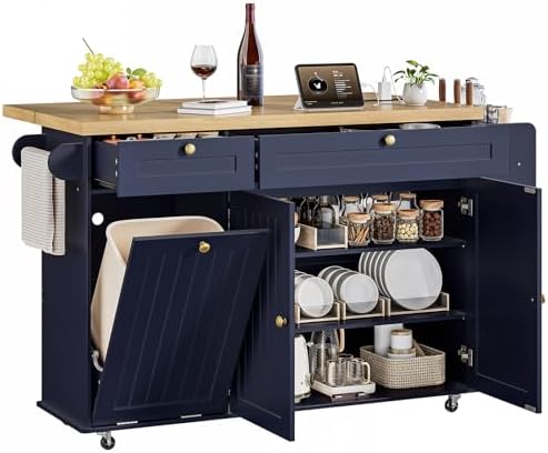 ONBRILL 60" Kitchen Island with Trash Can Storage, Rolling Island Table by ONBRILL
