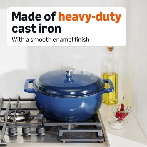 Amazon Basics Enameled Cast Iron Dutch Oven Pot With Lid, 6-Quart, Round, Dual Handles, Heavy-Duty, Oven Safe for Stews, Roasting & Baking, Navy - Image 4