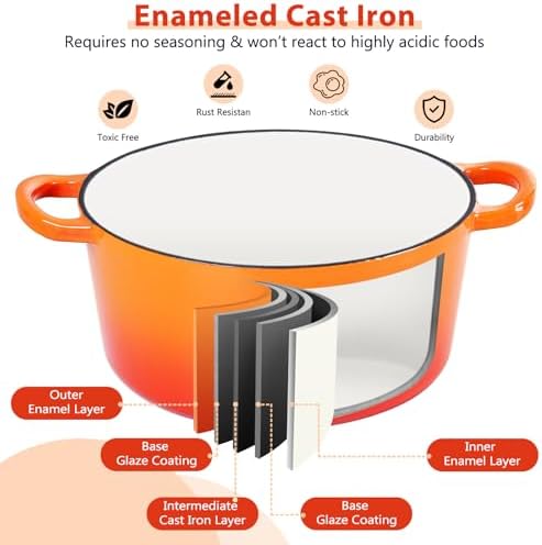 E-far 3 Qt Enameled Cast Iron Dutch Oven with Lid, Small Round Nonstick Dutch Oven Pot for Bread Baking Braising Stews Roasting Cooking, Heavy Duty, Induction & Oven Safe - Orange - Image 3