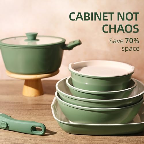 BECIGAR 23pcs Ceramic Pots and Pans Set, Nonstick Detachable Handle Cookware, Induction Kitchen Cooking Set, Include Frying Pans & Saucepans Oven Safe(Green) - Image 3