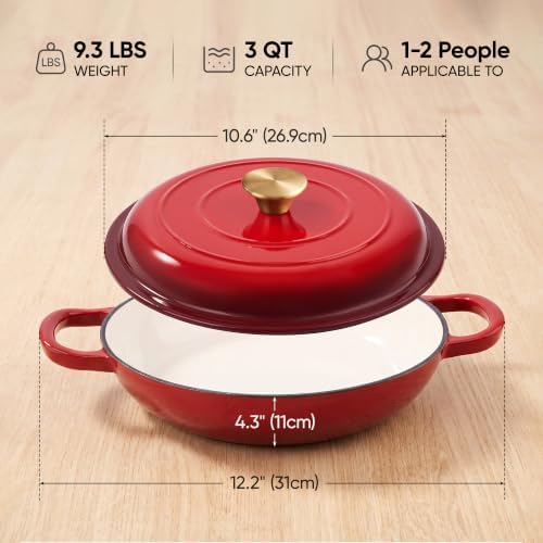 Dutch Oven Enameled Cast Iron with Lid - Big Dual Handles - Oven Safe up to 500°F - Classic Round Pot for Versatile Cooking 3 QT Shallow Pot Red - Image 2