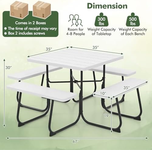 Moccha Picnic Table Bench Set - Outdoor Table and Chairs with Umbrella Hole, HDPE Tabletop & Metal Frame, 500LBS Capacity, Outdoor Camping Table for Garden Backyard Porch Patio Table Set (White) - Image 2
