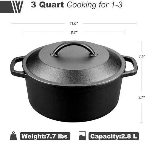 VORRINGARD Pre-Seasoned Cast Iron Dutch Oven with Lid, Round and Dual Handles, for Stovetop, Camping, Grill, Induction, Electric, Black, 3 qt - Image 2