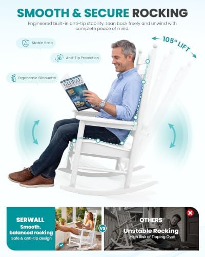 SERWALL Comfortable Outdoor Rocking Chairs Set of 3, White - Image 5