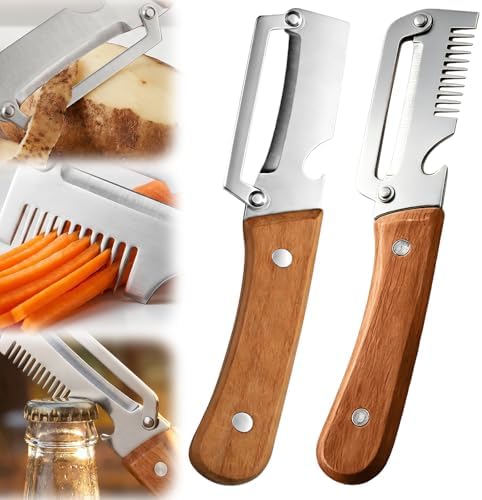 2026 Upgrade Vegetable Peeler and Julienne Peeler Set, Stainless Steel Vegetable Peelers for Kitchen with Wood Handles and Bottle Opener, 2-Pcs Multifunctional Vegetable Peeler Set by Buyitnow