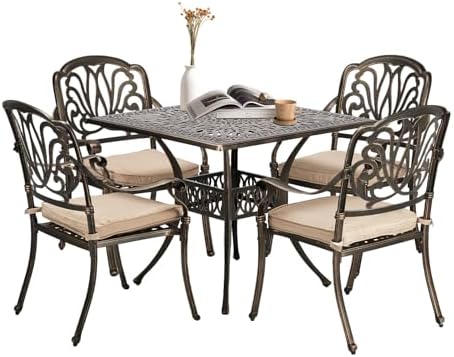 VINGLI 5-Piece Outdoor Patio Dining Set, Cast Aluminum All-Weather Outdoor Table and Chairs w/Cushion, Outdoor Furniture Set w/Umbrella Hole for Backyard Deck Poolside (Square, Elizabeth Back) by VINGLI