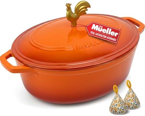 MUELLER HOME 5.5 Quart Enameled Cast Iron Oval Dutch Oven w Rooster Knob & Cotton Potholders, Heavy-Duty Cookware, Oven-Safe up to 500° F & Across All Cooktops, Gifts for Grandma & Women, Orange by MUELLERHOME
