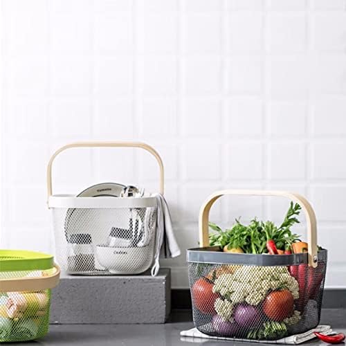 Mesh Steel Storage Organizer Basket Fruit Basket Bin with Wood Handle Ideal for Kitchen Bathroom Picnic Baskets Pantry Cabinets Storage Home Decor (Cold Gray) - Image 2