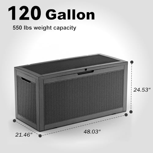 PatioZen 120 Gallon Deck Box,Resin Outdoor Storage Box with Lockable for Patio Furniture, Pool Accessories, Garden Tools Waterproof Outside Storage Box (Black) - Image 2