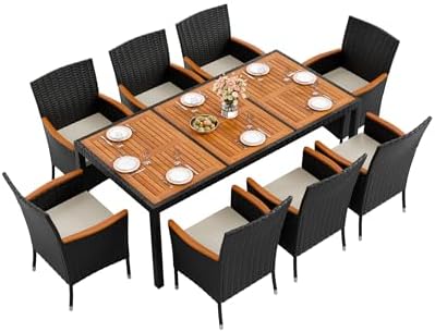 Flamaker Patio Dining Set for 8 Outdoor Acacia Wood Table and Chairs, Black by Flamaker