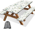 Picnic Table Cover with Bench Covers and Bag, Camping Essentials, Eucalyptus Leaves Outdoor Table Covers, Waterproof Windproof, Fitted Tablecloth Cover with Elastic Edge, 3 PCS, 30x60 Inch by Xguatan