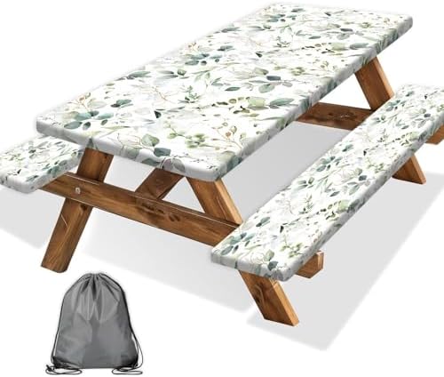 Picnic Table Cover with Bench Covers and Bag, Camping Essentials, Eucalyptus Leaves Outdoor Table Covers, Waterproof Windproof, Fitted Tablecloth Cover with Elastic Edge, 3 PCS, 30x60 Inch by Xguatan