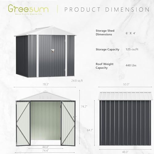 Greesum 6x4FT Outdoor Storage Shed, Gray - Image 3
