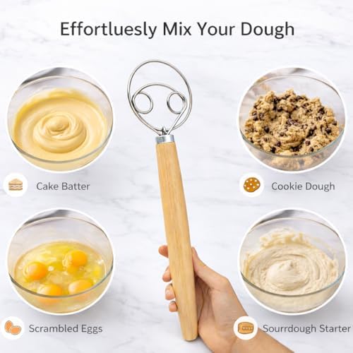 Danish Dough Whisk for Sourdough Bread – 13 Inch Bread Whisk with Wooden Handle – 304 Stainless Steel Hook for Heavy Dough Baking, Swedish Dough Whisk Tool - Image 5