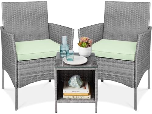 Best Choice Products 3-Piece Outdoor Wicker Conversation Bistro Set, Space Saving Patio Furniture for Garden w/Side Table - Gray/Light Mint by BestChoiceProducts