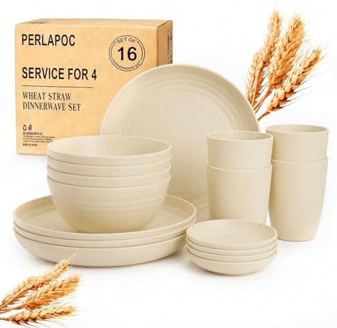 16 PCS Camping Dishes Set for 4, Unbreakable Plates and Bowls Set by Perlapoc
