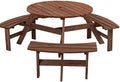 35.43'' Round Outdoor Dining Table Wooden Patio Dining Table & 3 Curved Built-in Bench for 6, 2" Umbrella Hole, Suitable for Backyard Garden Porch, Brown by JJKFurniture-kevinplus