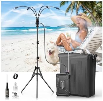 Portable 4 Gallon Misting System with 15000mAh Rechargeable Pump, Stand, 33FT Hose – Powerful Outdoor Water Bucket Misters for Outside Patio Cooling, Backyard, Canopy, Sports, Greenhouse, Camping by Unknown