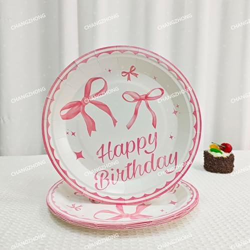 50 Pcs Pink Bow Birthday Decorations Plates, Napkins and Tableware - Image 2