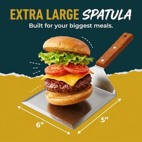 Extra Wide Spatula with Beveled Edges, Oversized Stainless-Steel Spatula with Wood Handle for Skillets, Griddles & Pancake Flipper for Burgers, Omelet, and Versatile for Culinary Task, 6 x 5-inches - Image 2