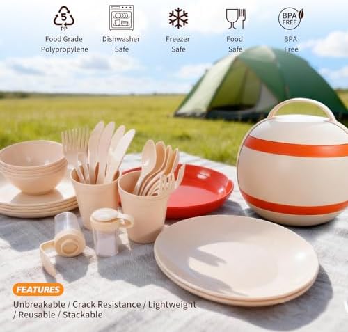 Camping Dishes Picnic Set, 31 Pcs Plastic Dinnerware Dishes Sets for 4 - Image 5